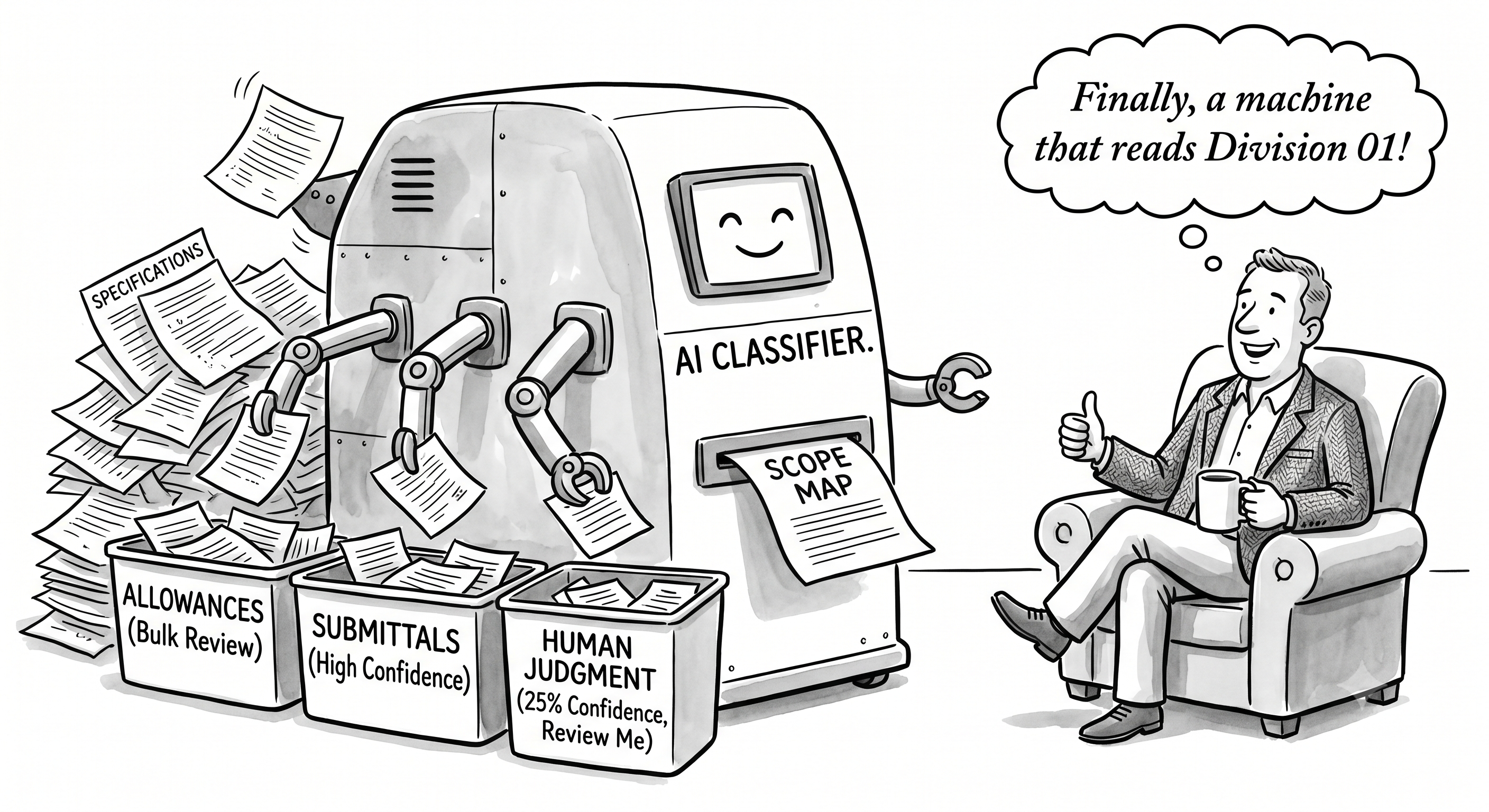 Editorial cartoon: a friendly "AI Classifier" machine sorts a pile of specifications into labeled bins — Allowances (bulk review), Submittals (high confidence), and Human Judgment (25% confidence, review me) — and prints a "Scope Map," while a relaxed estimator in an armchair thinks "Finally, a machine that reads Division 01!"