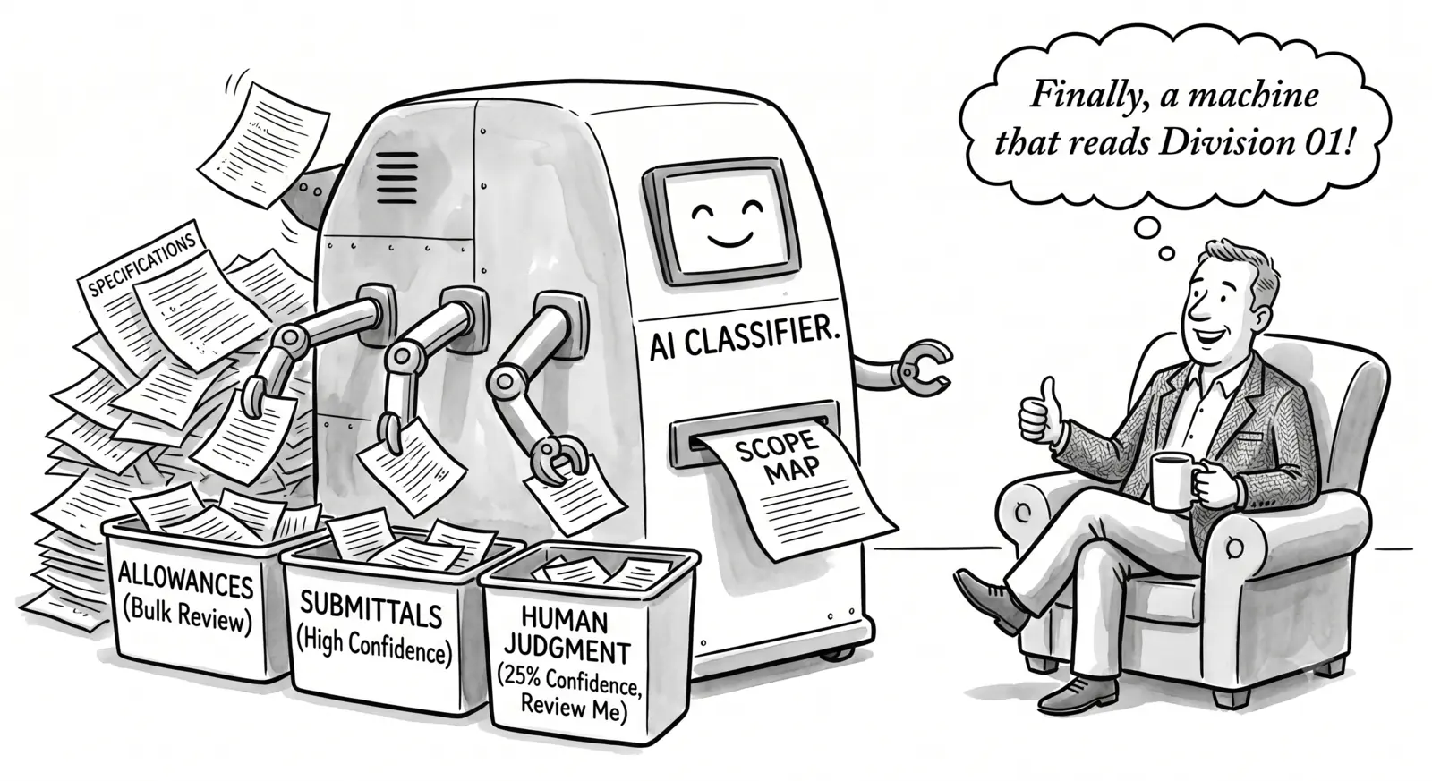 Editorial cartoon: a friendly "AI Classifier" machine sorts a pile of specifications into labeled bins — Allowances (bulk review), Submittals (high confidence), and Human Judgment (25% confidence, review me) — and prints a "Scope Map," while a relaxed estimator in an armchair thinks "Finally, a machine that reads Division 01!"