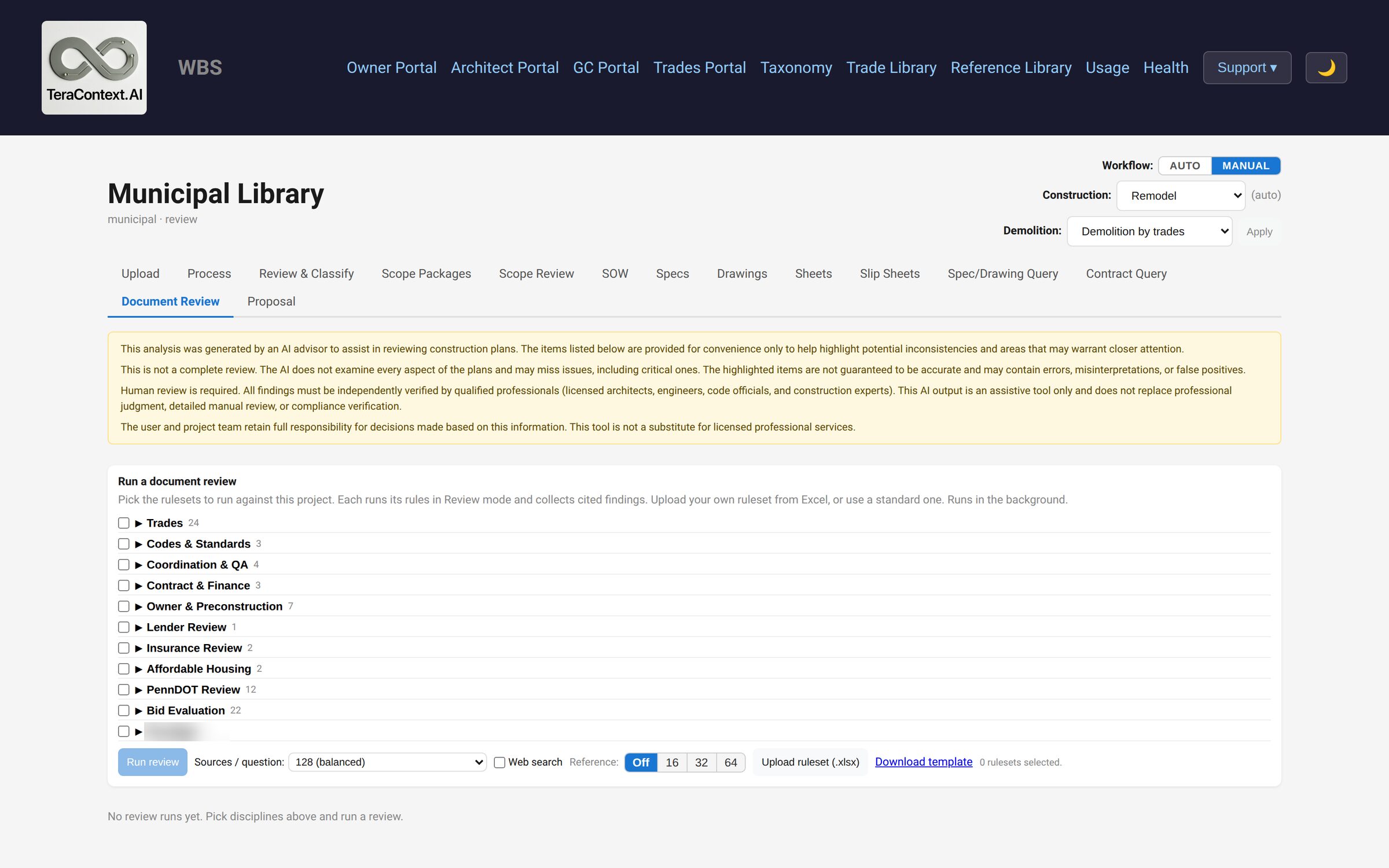 Document Review screen listing rulesets such as Trades, Codes & Standards, Coordination & QA, PennDOT Review and Bid Evaluation, with source settings and a Run review button