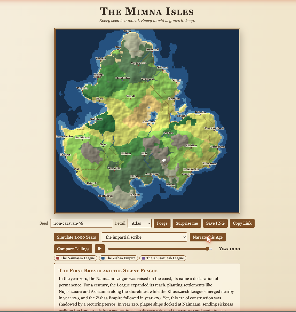 The Atlas of Imagined Places history simulator at Year 1000: a densely settled map above a narrated chronicle titled The First Breath and the Silent Plague.