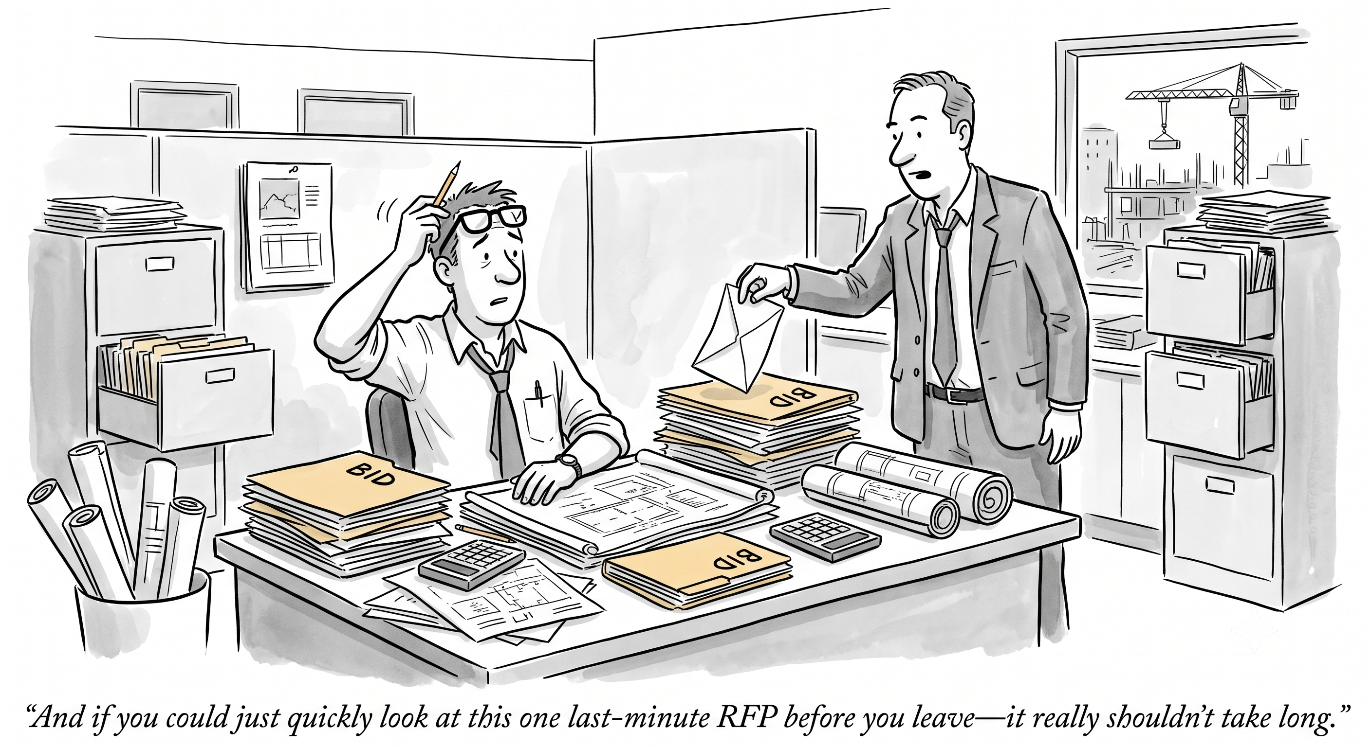 Editorial cartoon: an estimator sits at a desk buried under stacks of folders marked BID, rolled drawings, plan sets and two calculators, scratching his head with a pencil, while a manager in a suit leans in and dangles one more envelope over the pile. Through the window behind them, a tower crane works over a construction site. Caption: "And if you could just quickly look at this one last-minute RFP before you leave — it really shouldn't take long."