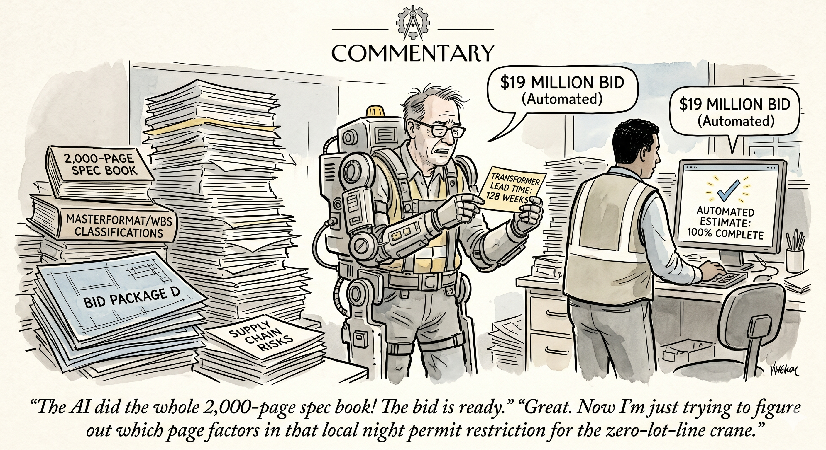 Editorial cartoon: an estimator in a powered exoskeleton lifts a 2,000-page spec book, masterformat/WBS classifications, and supply-chain risks while a colleague stares at an "automated estimate: 100% complete" $19 million bid — and wonders which page factors in the local night-permit restriction for the zero-lot-line crane.