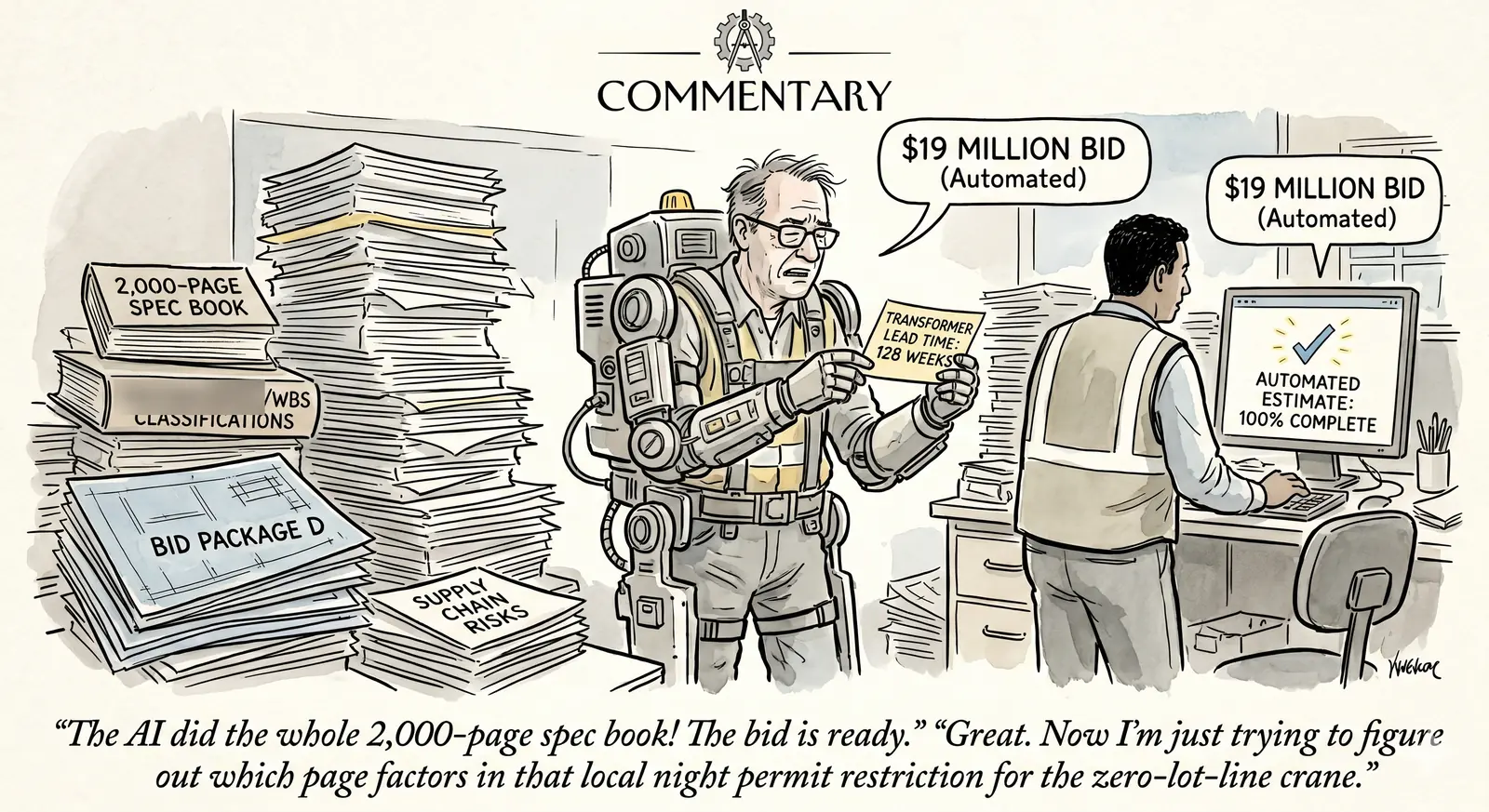 Editorial cartoon: an estimator in a powered exoskeleton lifts a 2,000-page spec book, WBS classifications, and supply-chain risks while a colleague stares at an "automated estimate: 100% complete" $19 million bid — and wonders which page factors in the local night-permit restriction for the zero-lot-line crane.