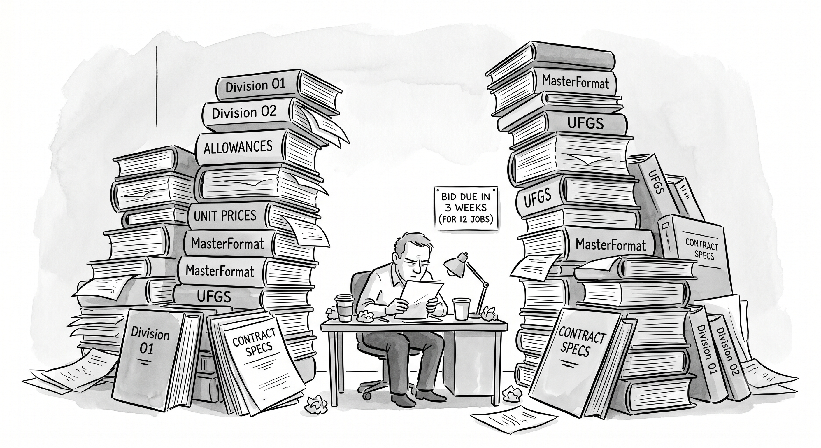 Editorial cartoon: a lone estimator hunches over a small desk, dwarfed by towering stacks of spec binders labeled Division 01, Division 02, allowances, unit prices, MasterFormat, UFGS, and contract specs, beside a sign reading "Bid due in 3 weeks (for 12 jobs)."