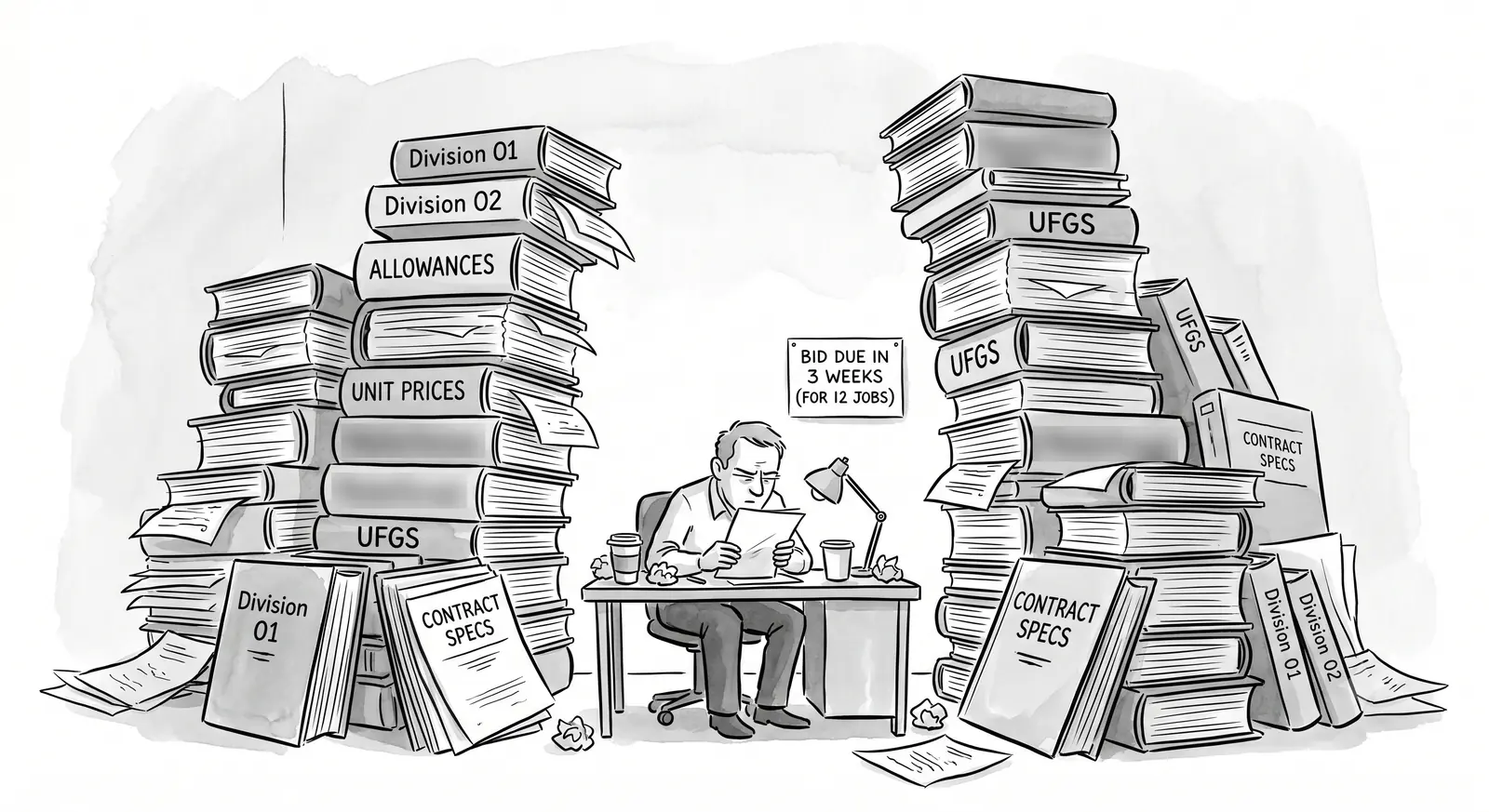 Editorial cartoon: a lone estimator hunches over a small desk, dwarfed by towering stacks of spec binders labeled Division 01, Division 02, allowances, unit prices, WBS formats, UFGS, and contract specs, beside a sign reading "Bid due in 3 weeks (for 12 jobs)."