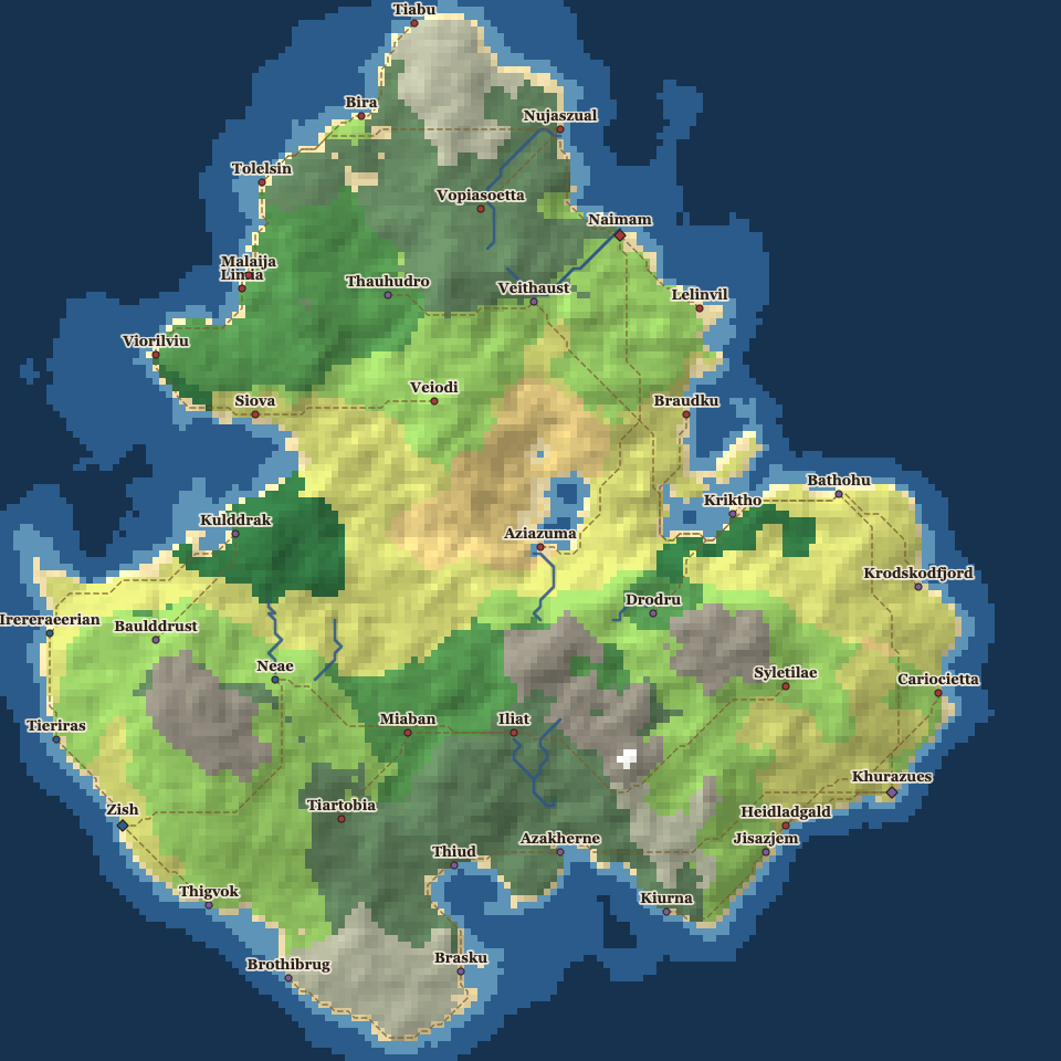 The Atlas of Imagined Places map rendering for the Mimna Isles: an island of green forests, yellow lowlands, gray mountains and labeled coastal ports on a deep-blue sea.
