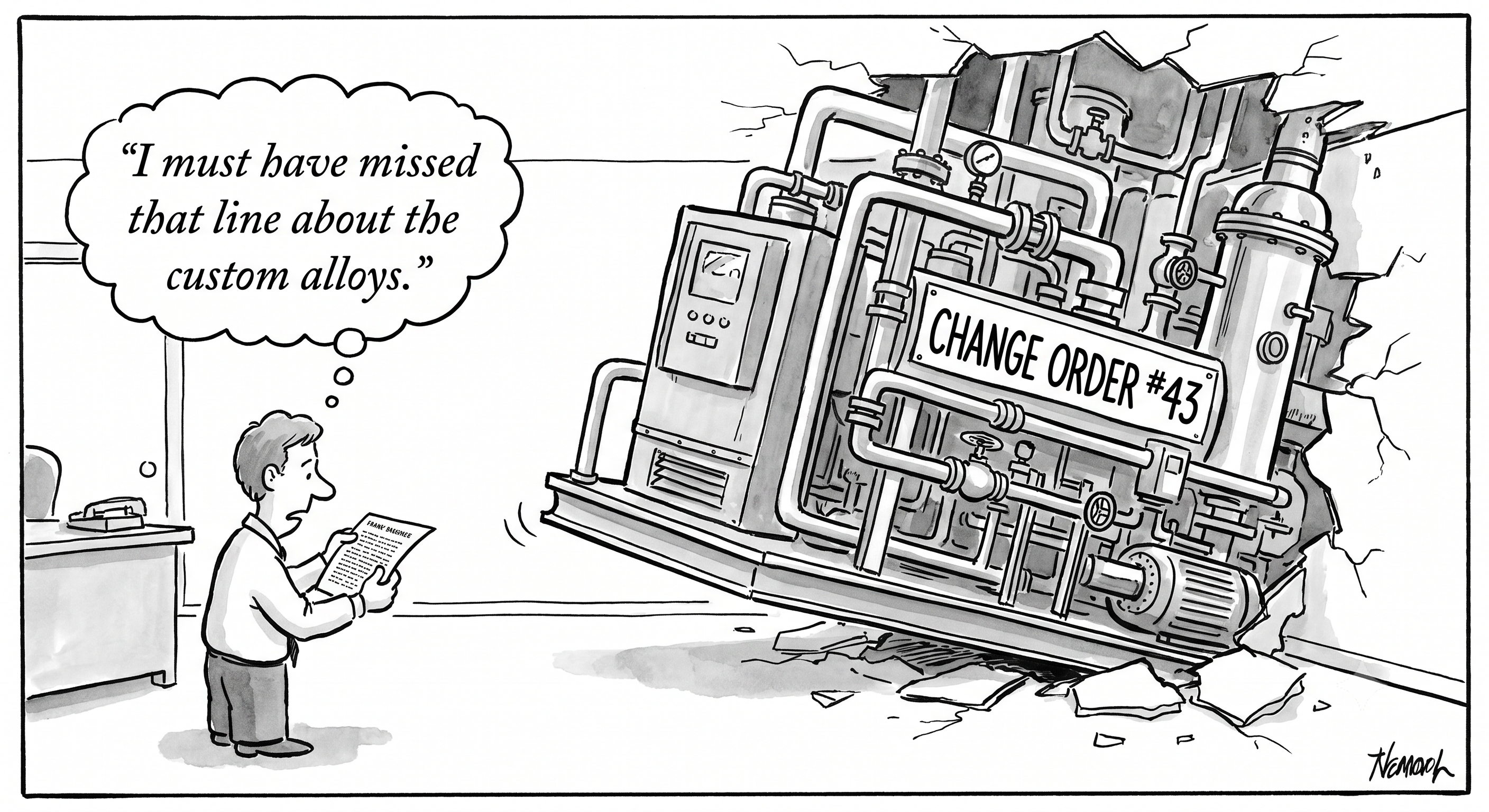 Editorial cartoon: a small estimator stands reading a document, thinking "I must have missed that line about the custom alloys," while a massive industrial machine labeled "Change Order #43" smashes through his office wall.