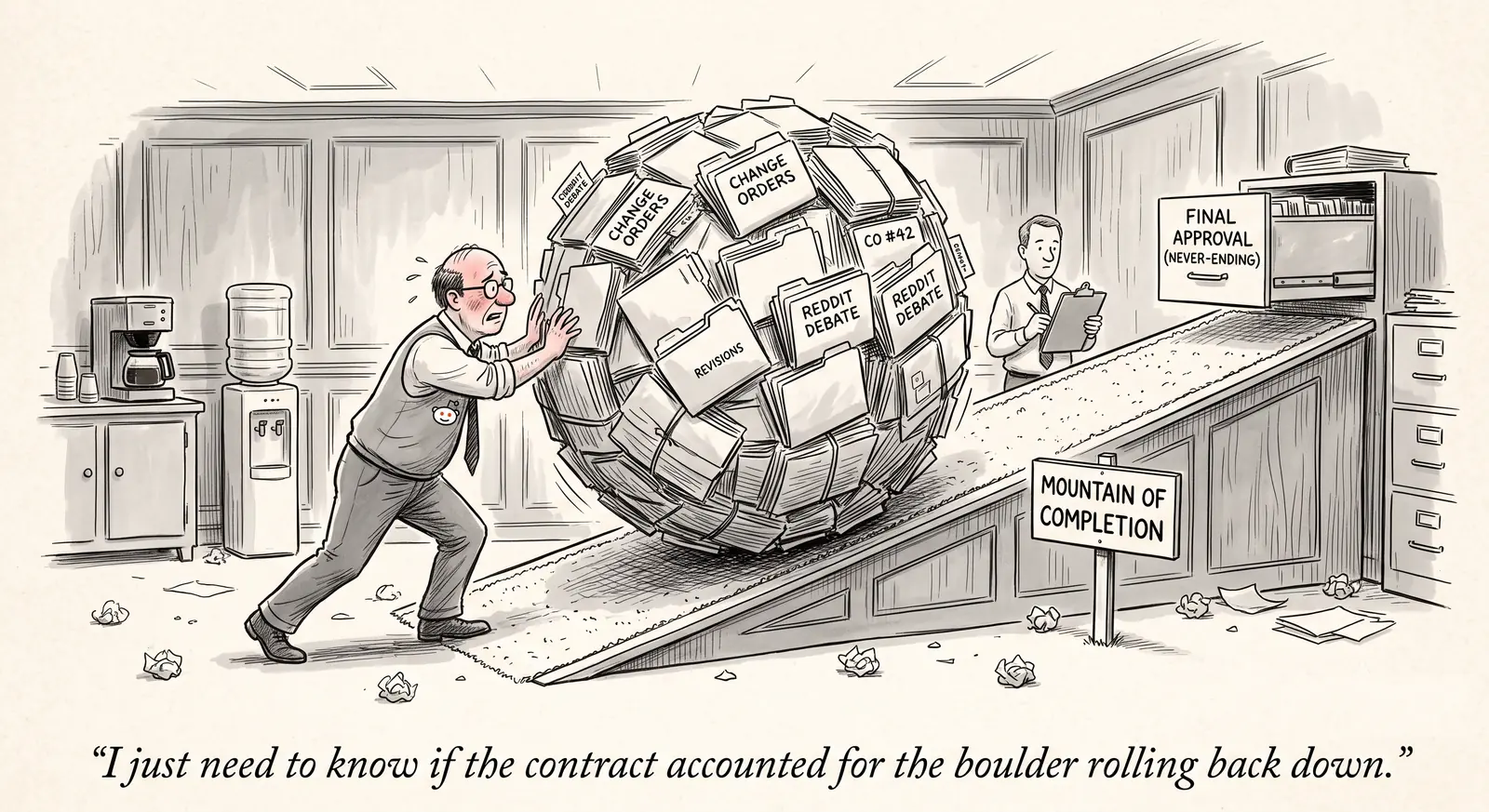 Editorial cartoon: an estimator in a sweater vest strains to push an enormous boulder made entirely of file folders labeled CHANGE ORDERS, REVISIONS, CO #42 and REDDIT DEBATE up a plywood ramp toward a counter marked MOUNTAIN OF COMPLETION, where a colleague with a clipboard waits beside a filing drawer labeled FINAL APPROVAL (NEVER-ENDING). Crumpled paper litters the office floor. Caption: "I just need to know if the contract accounted for the boulder rolling back down."