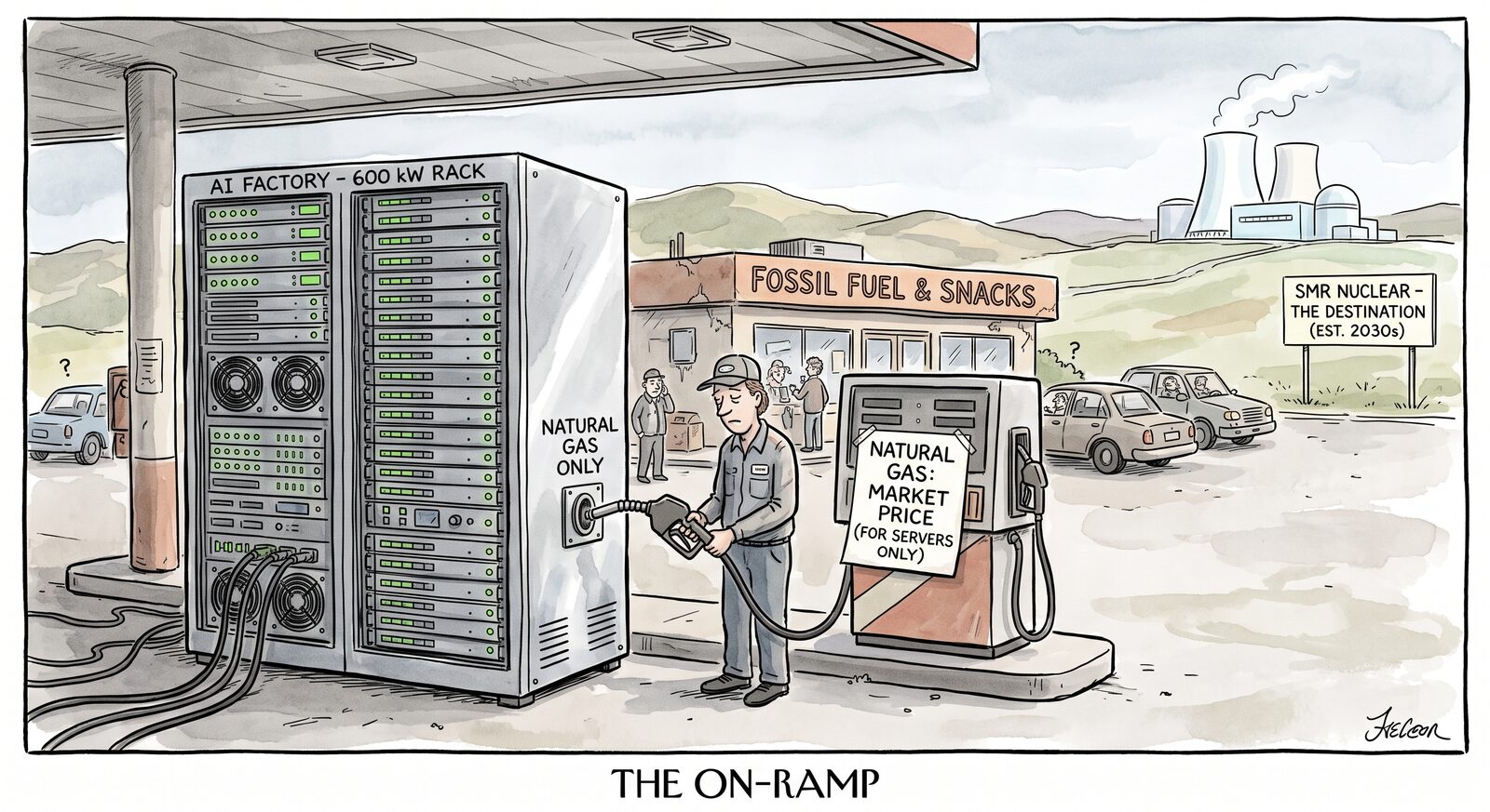 Editorial cartoon titled "THE ON-RAMP": at a roadside station signed "FOSSIL FUEL & SNACKS," a weary attendant fills a giant server cabinet labelled "AI FACTORY – 600 kW RACK" and "NATURAL GAS ONLY" from a pump marked "NATURAL GAS: MARKET PRICE (FOR SERVERS ONLY)," while cars wait in line. On the hills behind, a nuclear plant with cooling towers sits beside a sign reading "SMR NUCLEAR – THE DESTINATION (EST. 2030s)."
